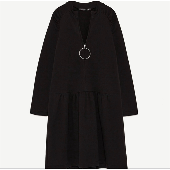 ZARA Long Sleeve Sweater Dress Big Hoop Zipper Ruched Vneck Black - Picture 6 of 7